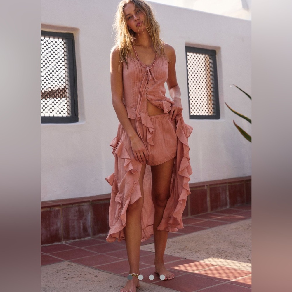 Free People Dusty Rose Ruffle Maxi Vest and Shorts Set